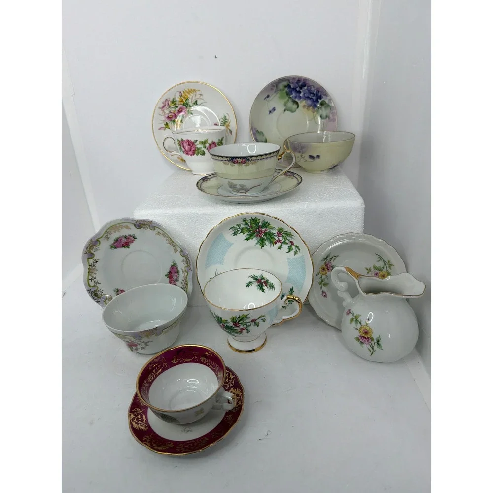 Vintage Mixed Tea Cup and‎ Saucer Set Limoges Lefton Japan Floral Holly 13pc Lot